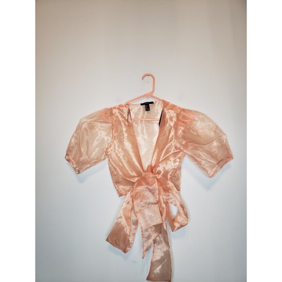 Forever 21 Tops - Forever 21 Womens S Sheer Wrap Top Puff Sleeve Shimmer Pink Festival Whimsical